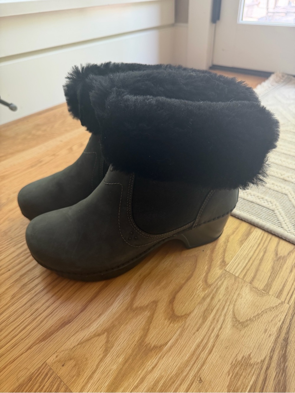 Dansko Shearling Harper Oiled Leather Sheep Skin Roll Down Boots Black Sz 41